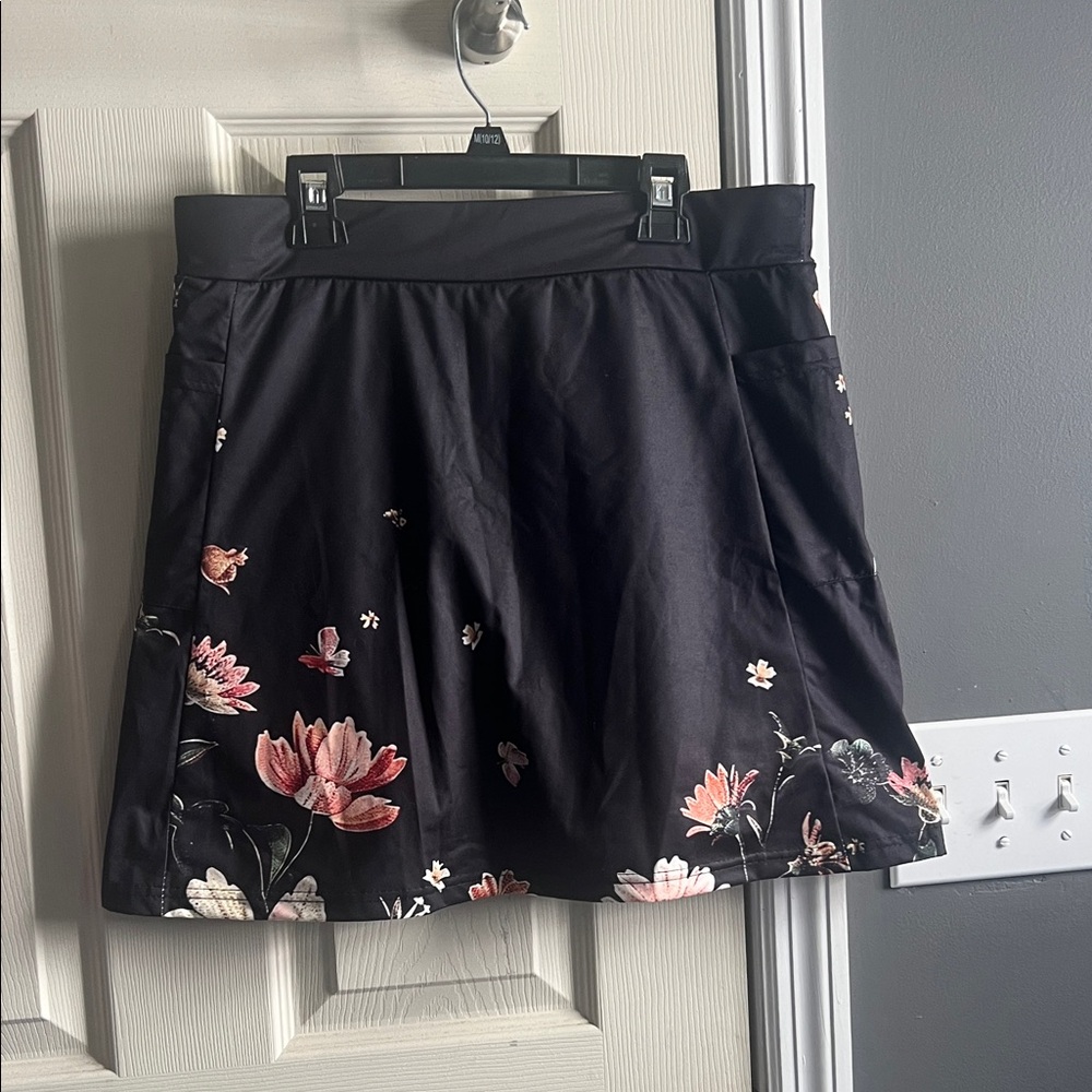 Black Floral A-Line Skirt with Pink Accent Flowers